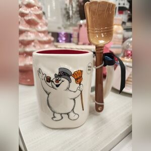 Rae Dunn Frosty The Snowman "jolly, happy, fun" Mug with Snow Shovel Spoon